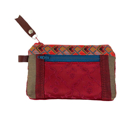 Red Orange Teal Patchwork Tapestry Zipper Card Wallet