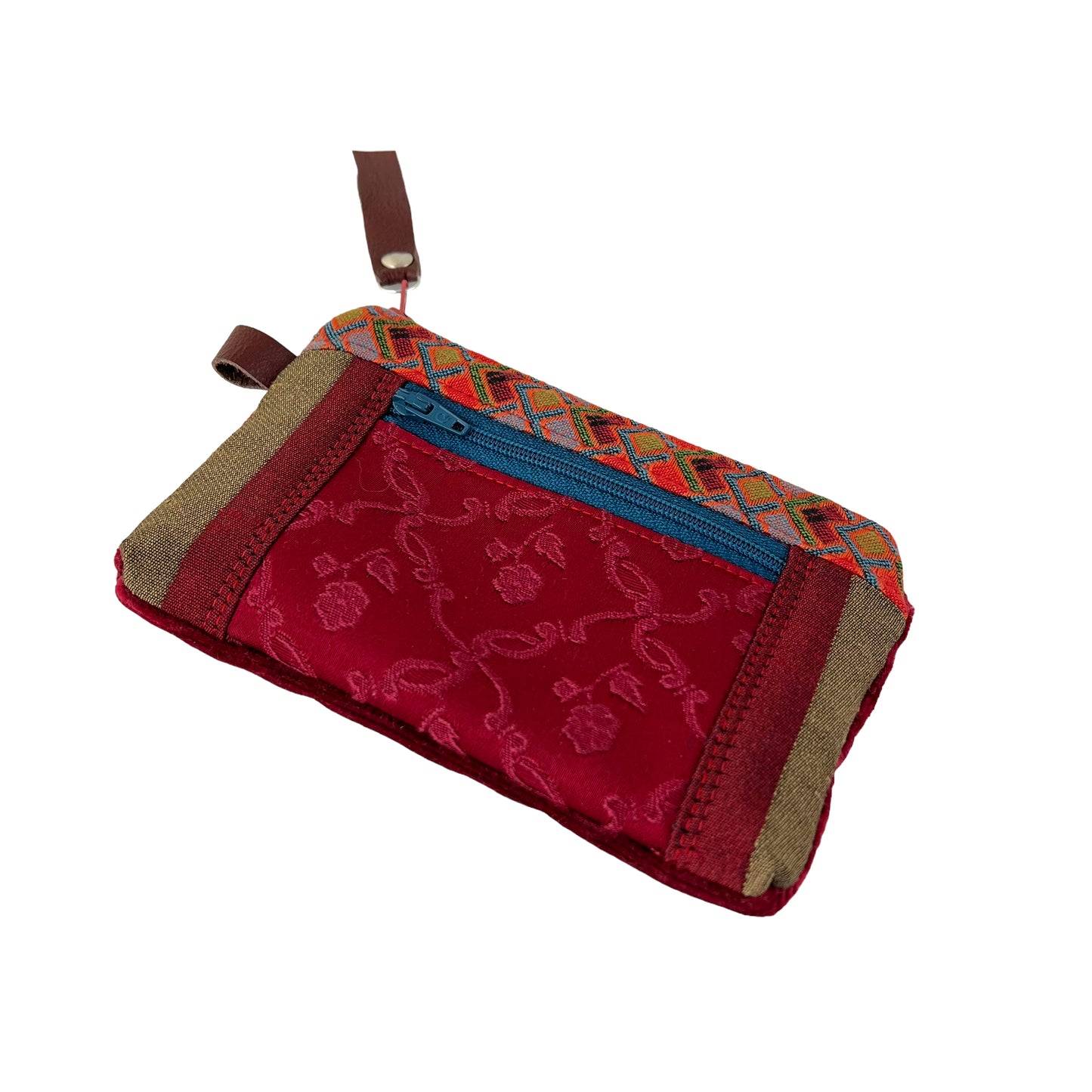Red Orange Teal Patchwork Tapestry Zipper Card Wallet