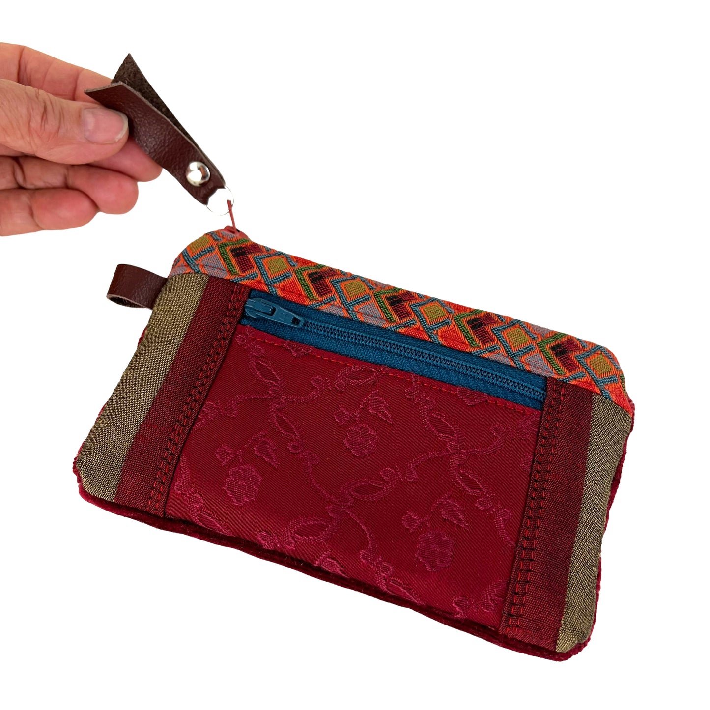 Red Orange Teal Patchwork Tapestry Zipper Card Wallet