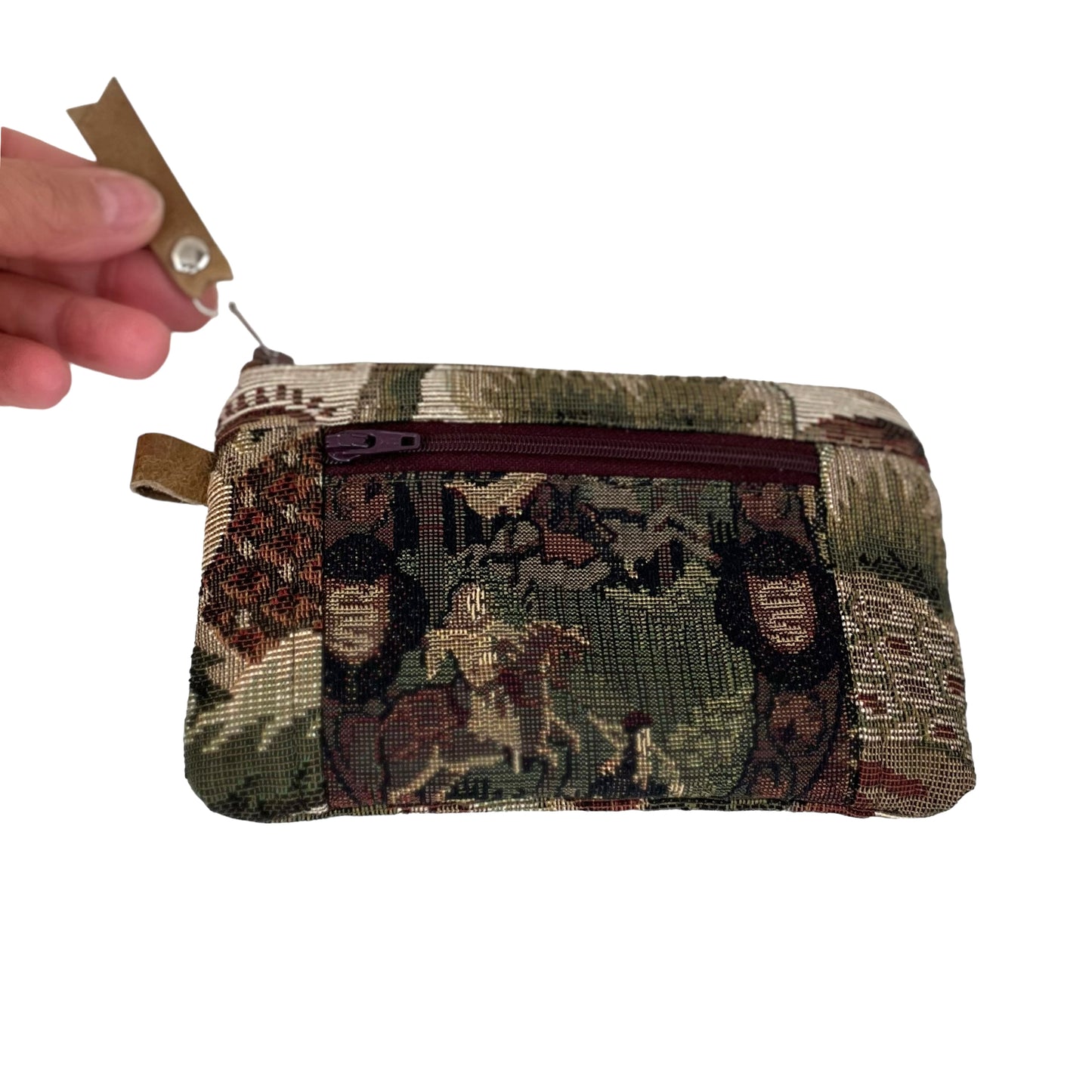 Black Green and Taupe Patchwork Tapestry Zipper Card Wallet
