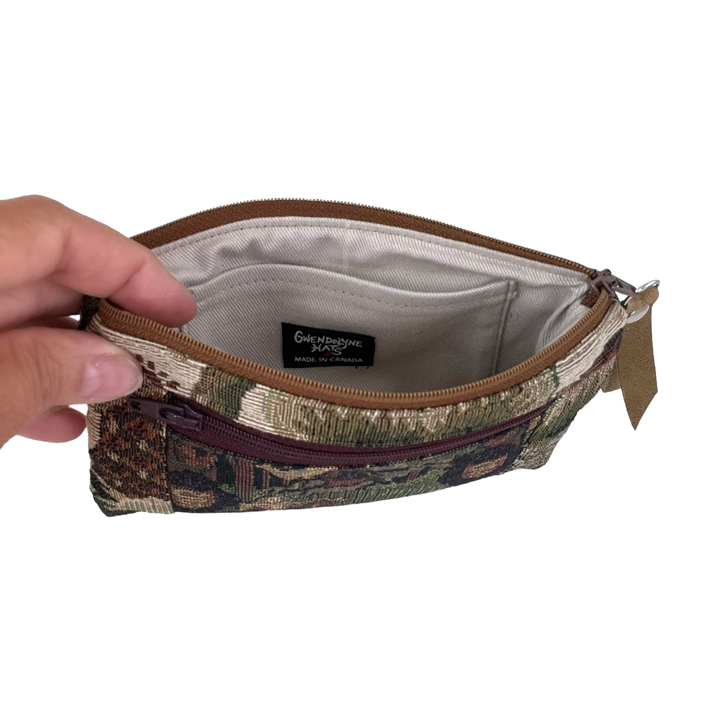 Black Green and Taupe Patchwork Tapestry Zipper Card Wallet