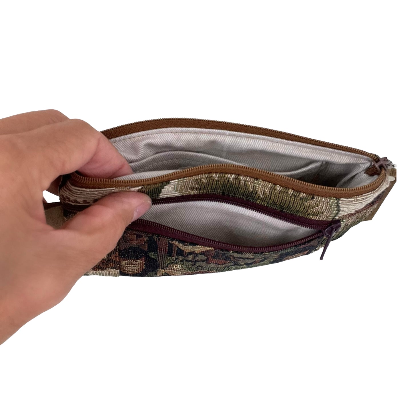 Black Green and Taupe Patchwork Tapestry Zipper Card Wallet