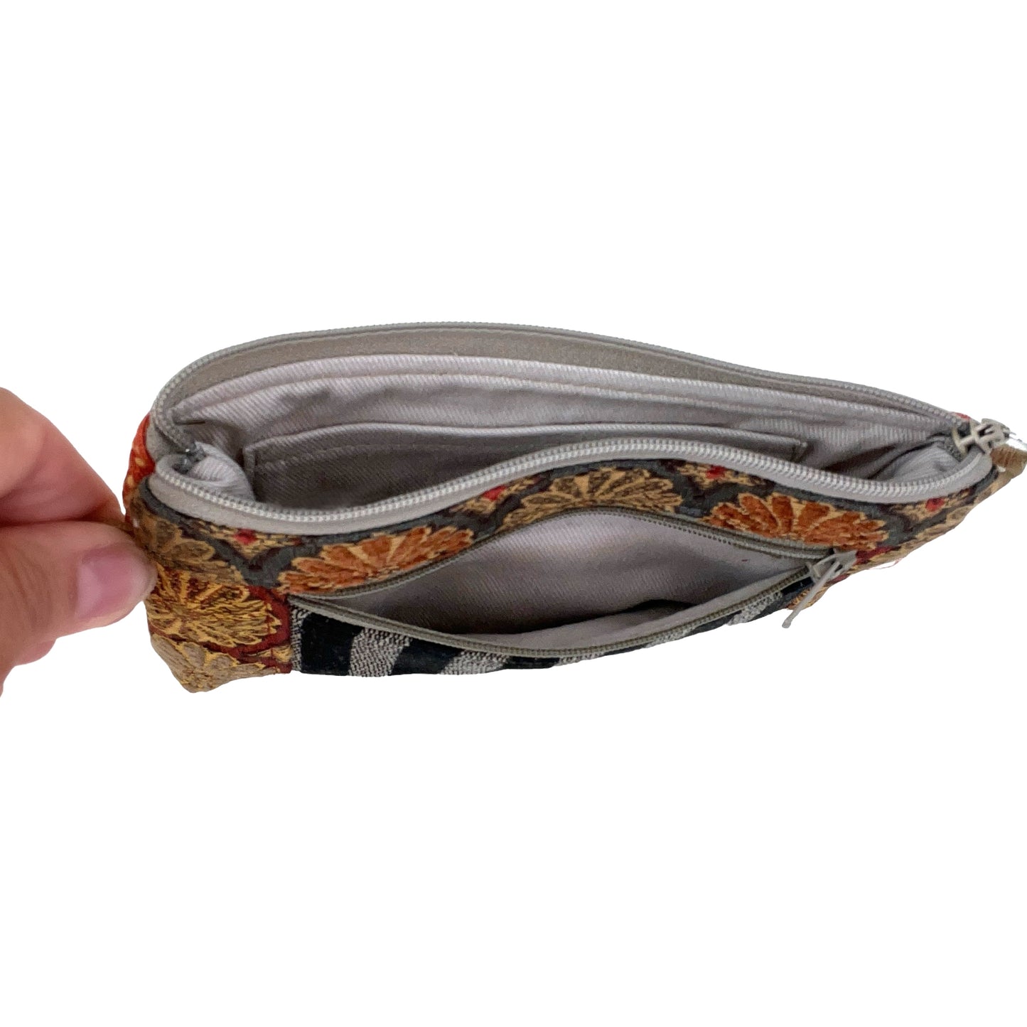 Black Grey Gold and Orange Patchwork Tapestry Zipper Card Wallet