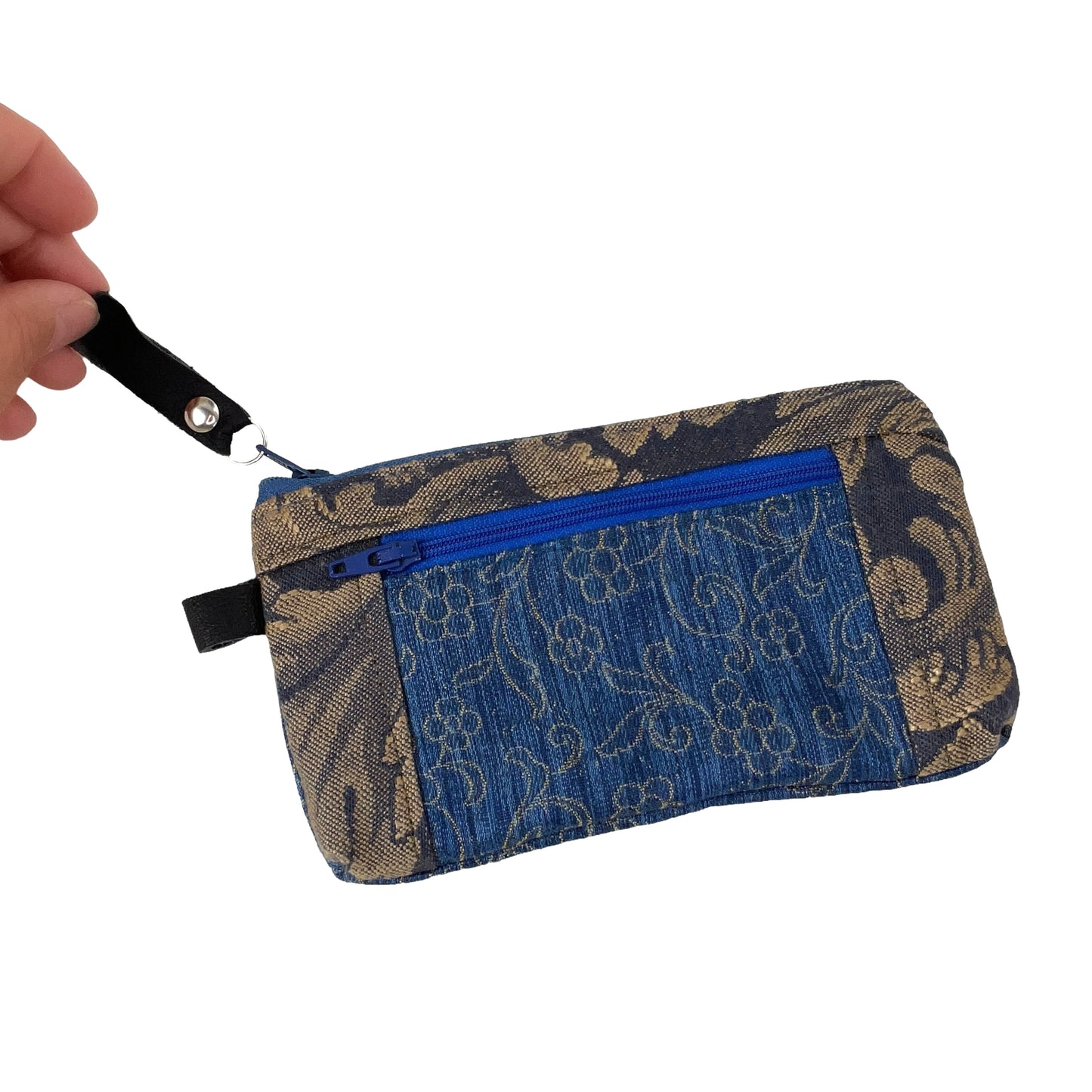 Blue Taupe Patchwork Tapestry Zipper Card Wallet