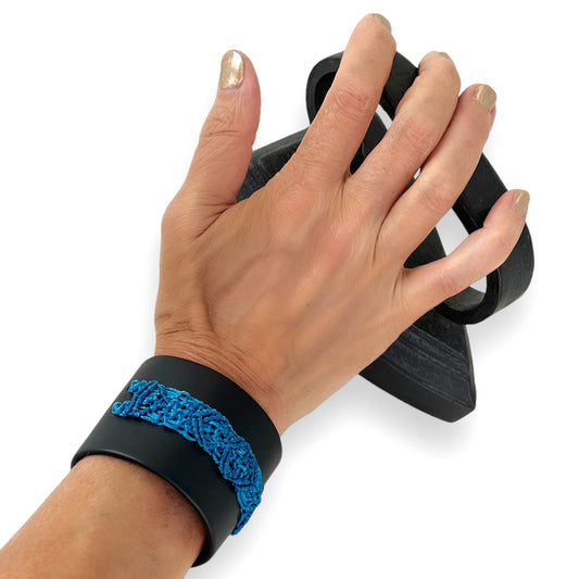 Turquoise Blue Macrame Black Leather Wrist Cuff Bracelet Size 1