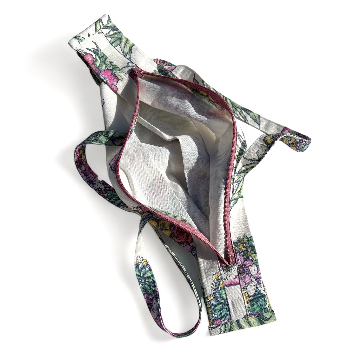 Pineapple Linen Travel Shoulder Tote Bag Dusty Pink Coloured Zipper