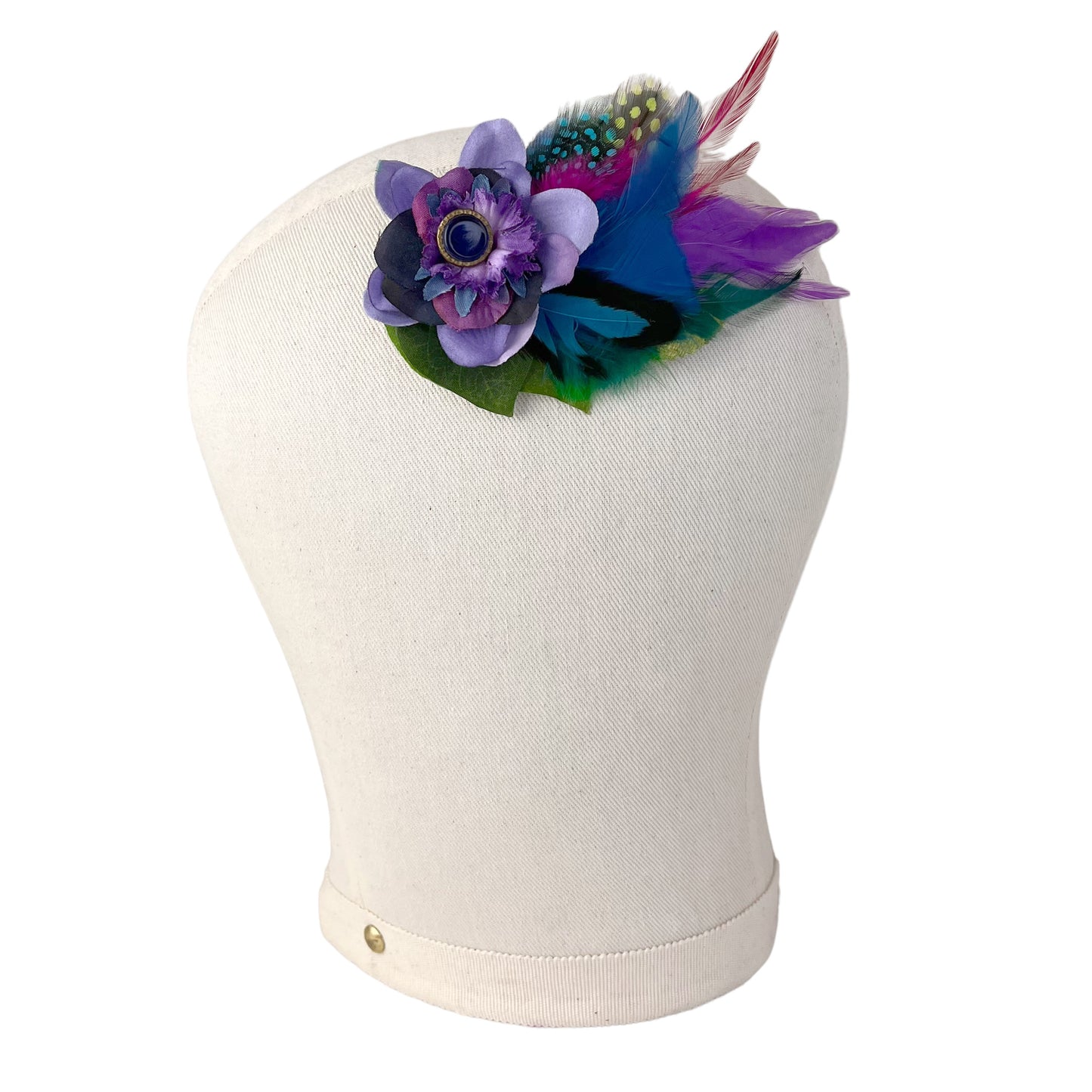 Small Flower Feather Button Hair Clip Mauve Purple Blue