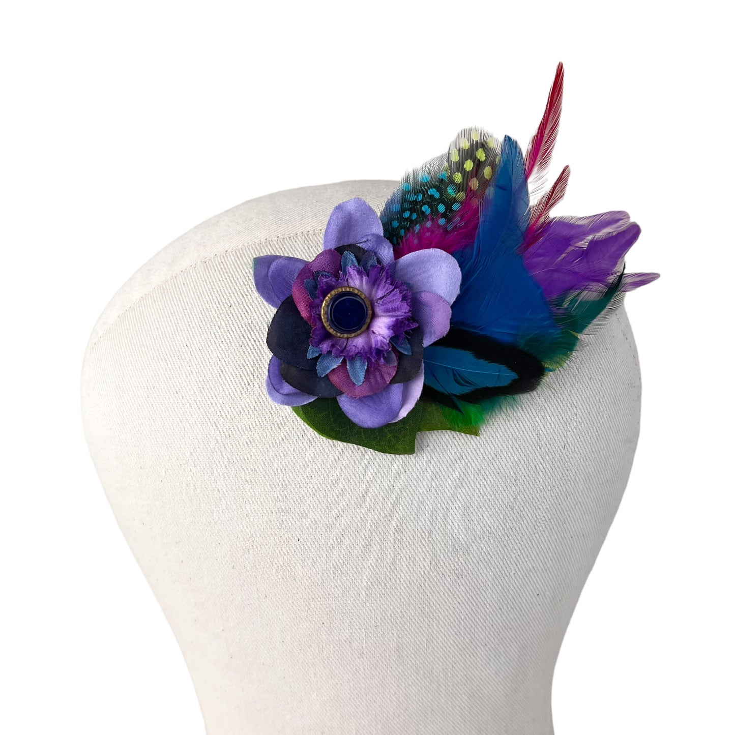 Small Flower Feather Button Hair Clip Mauve Purple Blue