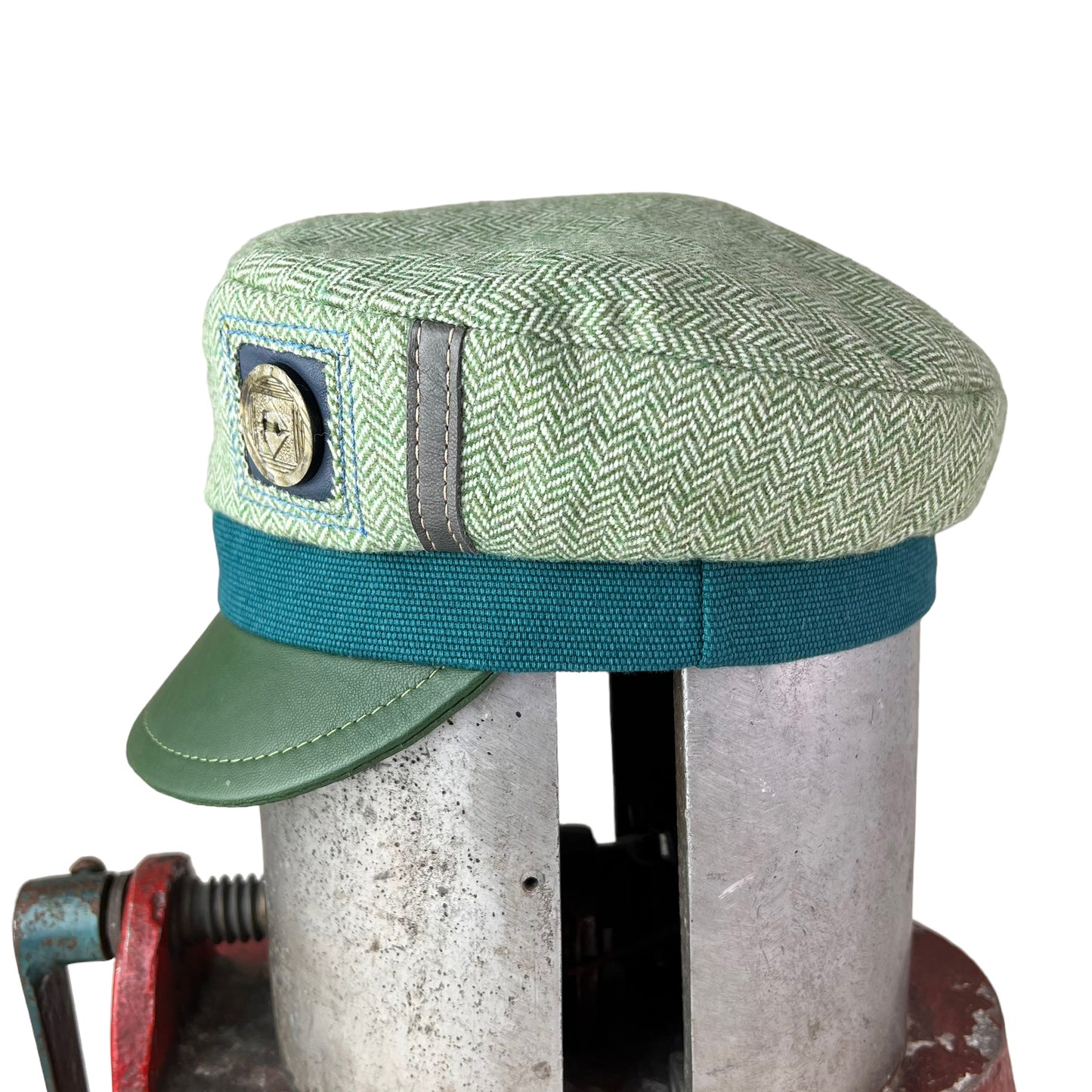 Green Herringbone Weave Abbey Road Wool Cap  - Womens Medium