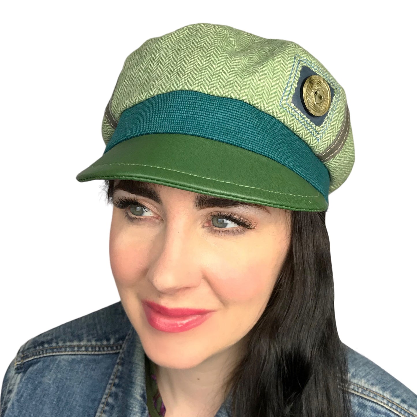 Green Herringbone Weave Abbey Road Wool Cap  - Womens Medium