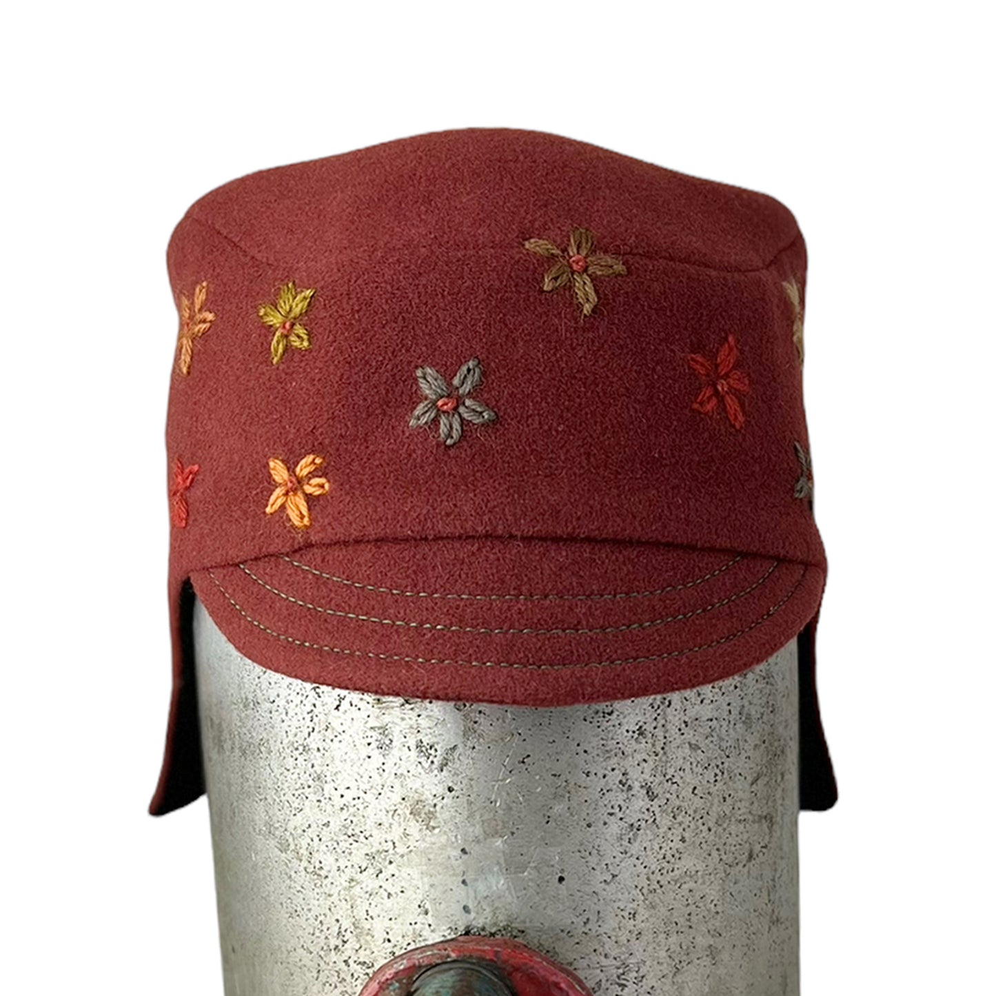 Amelia Wool Ear Flap Womens Helmet Hat Medium Embroidered Daisys Brown
