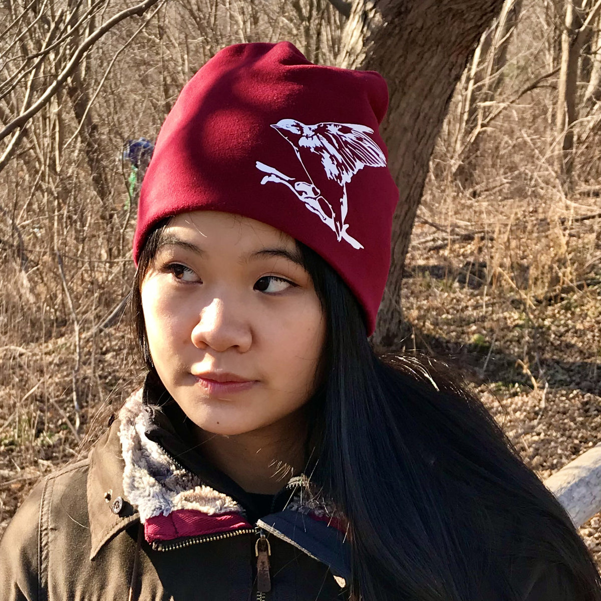 Wings Up Slouchy Bird Toque Hat Burgundy Red