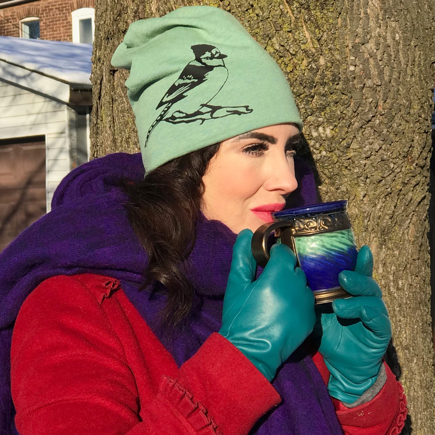 Blue Jay Slouchy Bird Toque Hat Green