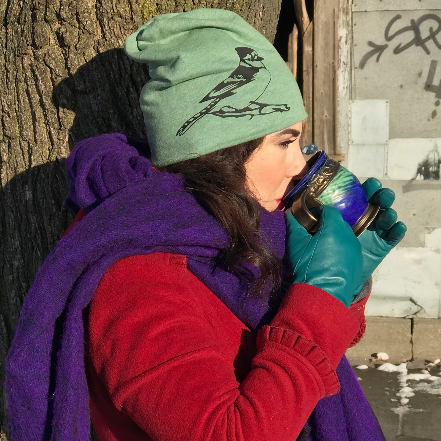 Blue Jay Slouchy Bird Toque Hat Green