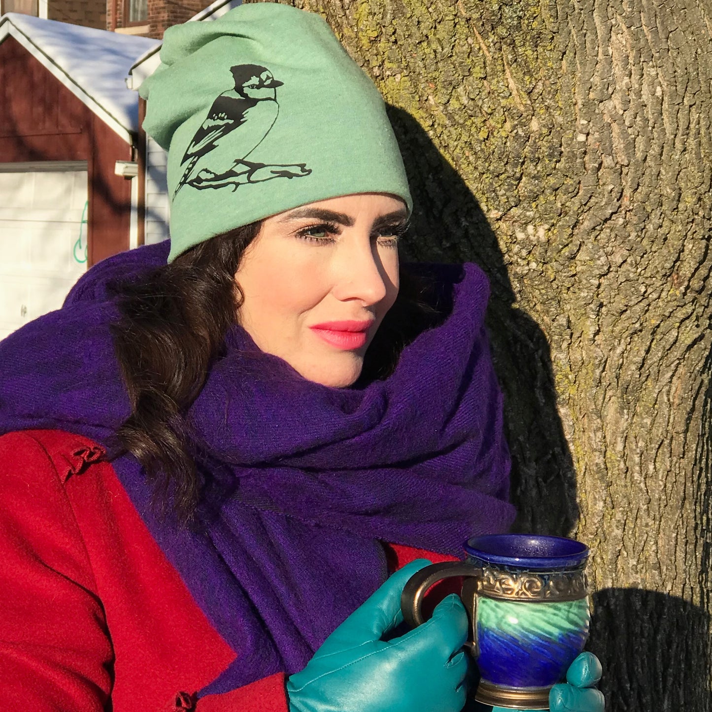 Blue Jay Slouchy Bird Toque Hat Green