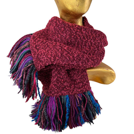 Boucle Double Knit Layer Fringe Scarf Raspberry Red