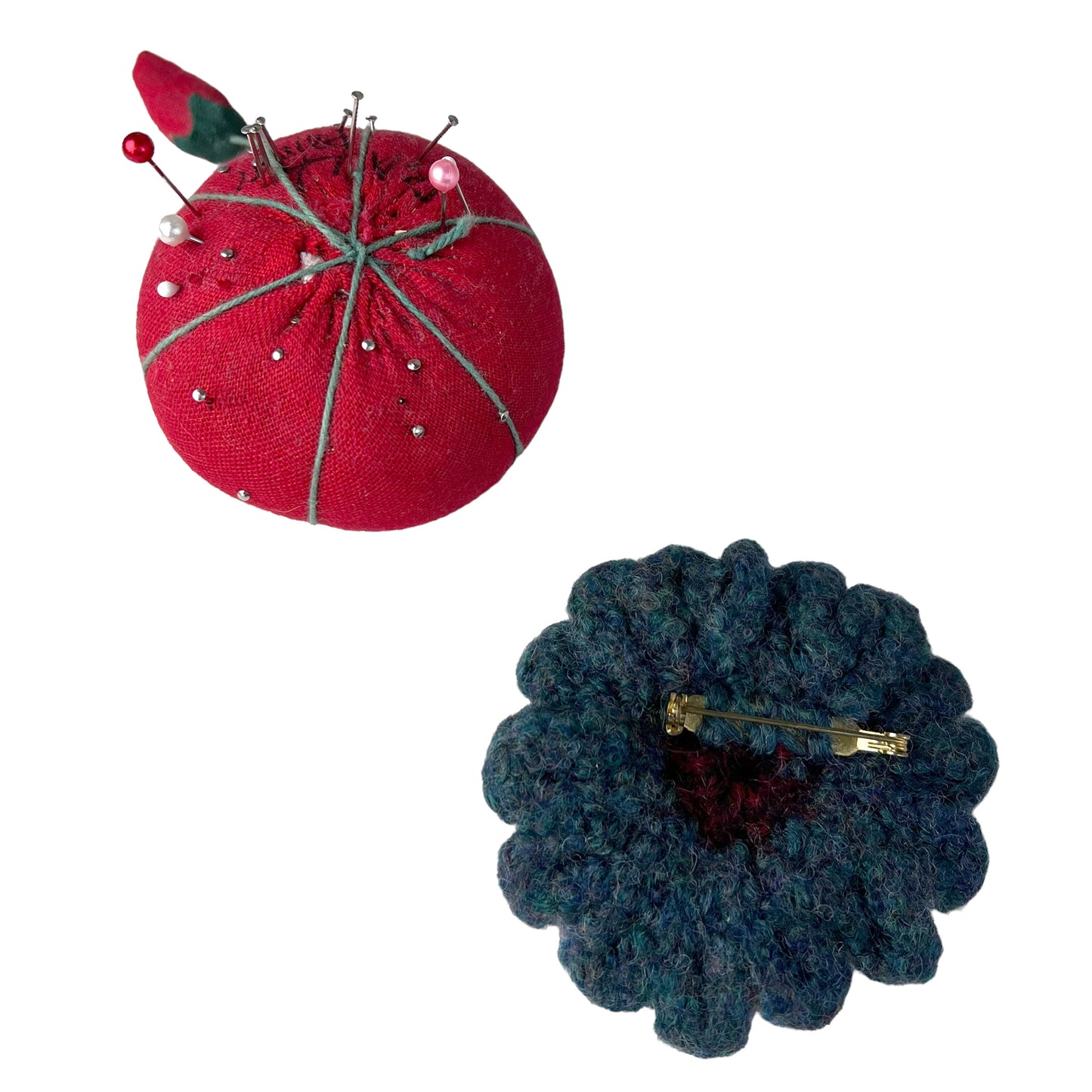 Felted Crochet Wool Flower Flower Brooch Emerald Green red