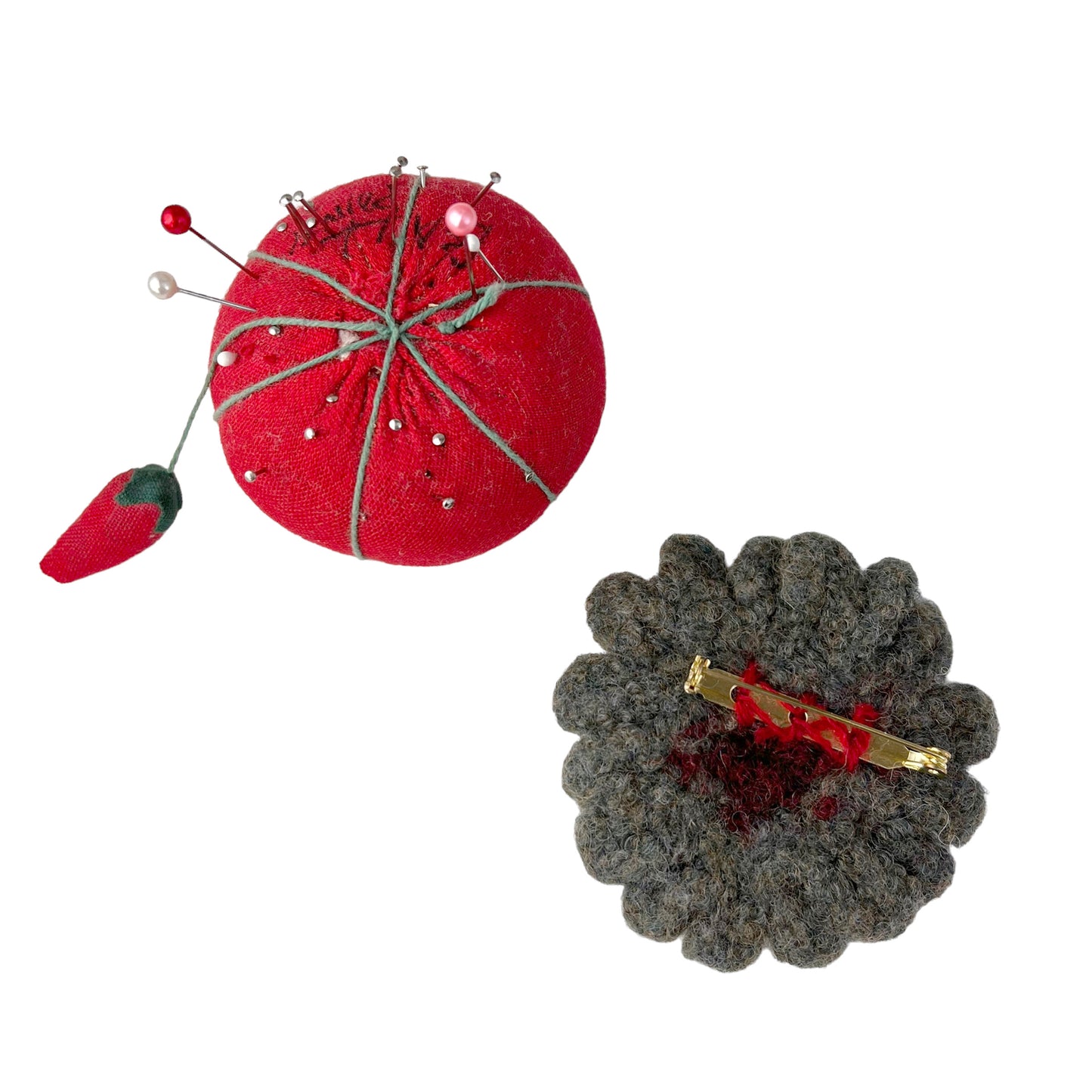 Wool Felted Crochet Flower Brooch Sage Green Red