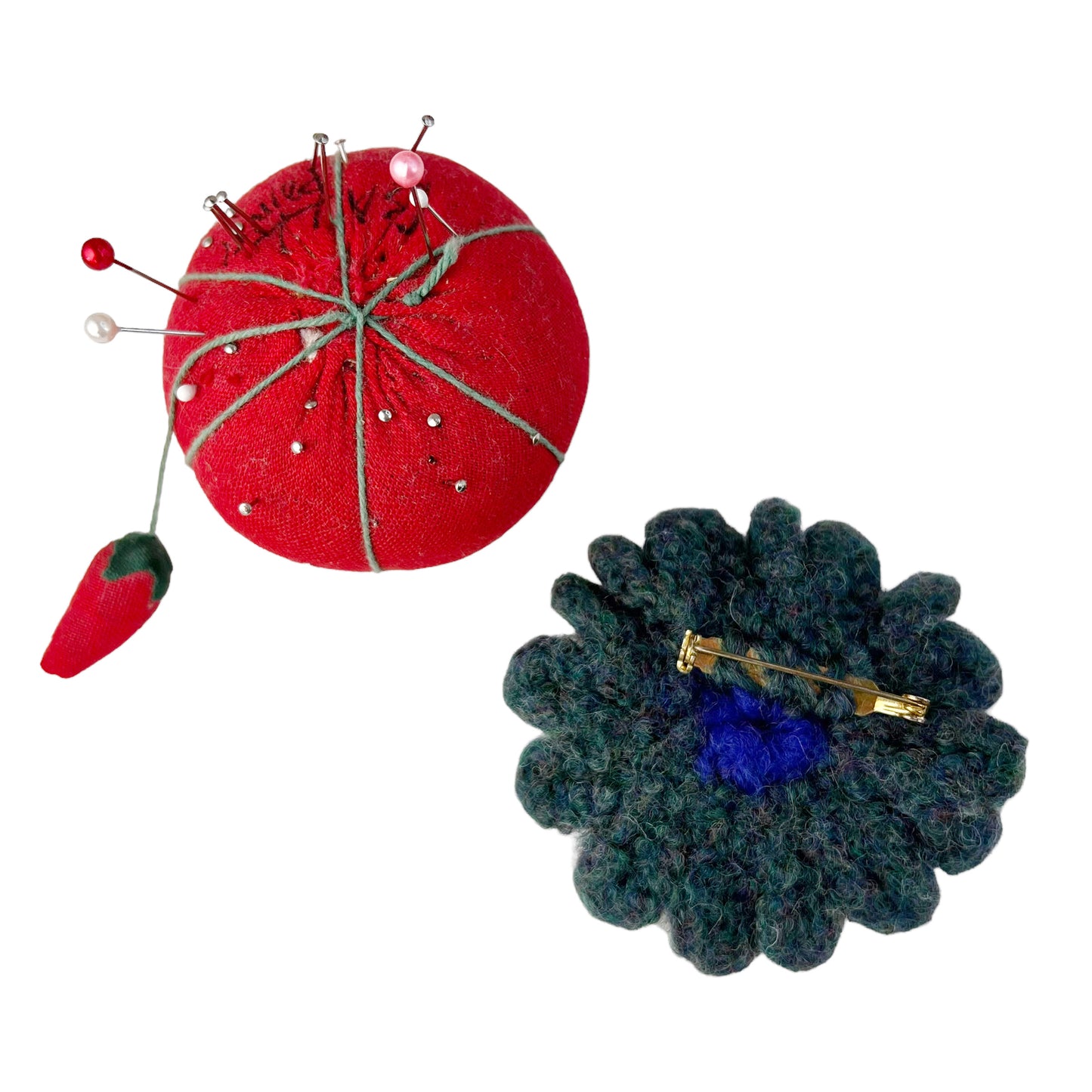 Emerald Green Cobalt Center Felted Crochet Wool Flower Flower Brooch