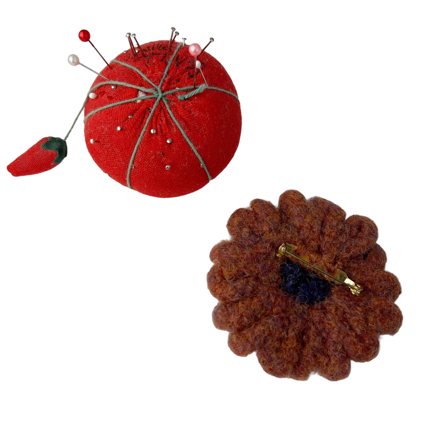 Felted Crochet Wool Flower Flower Brooch Rust Navy