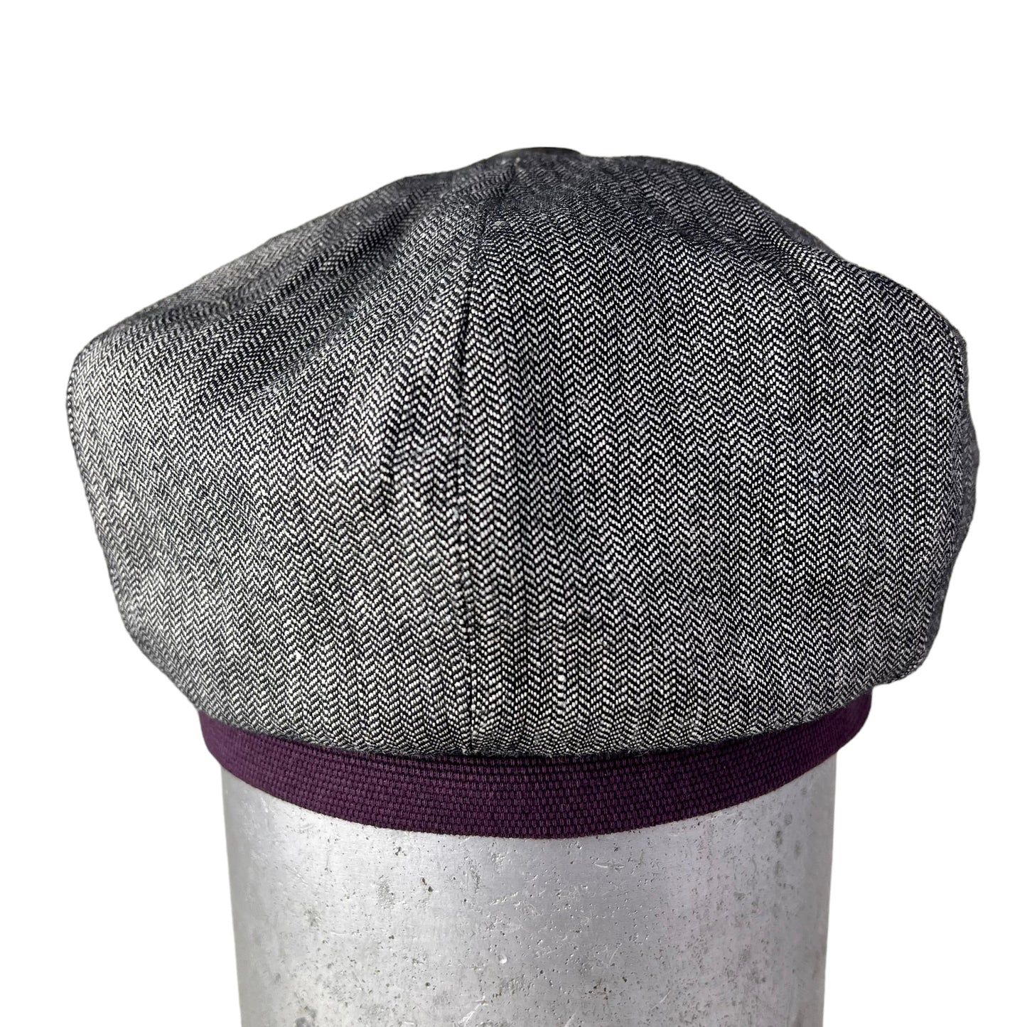 Black White Herringbone Eggplant Band Carnaby Linen Cap Size Large
