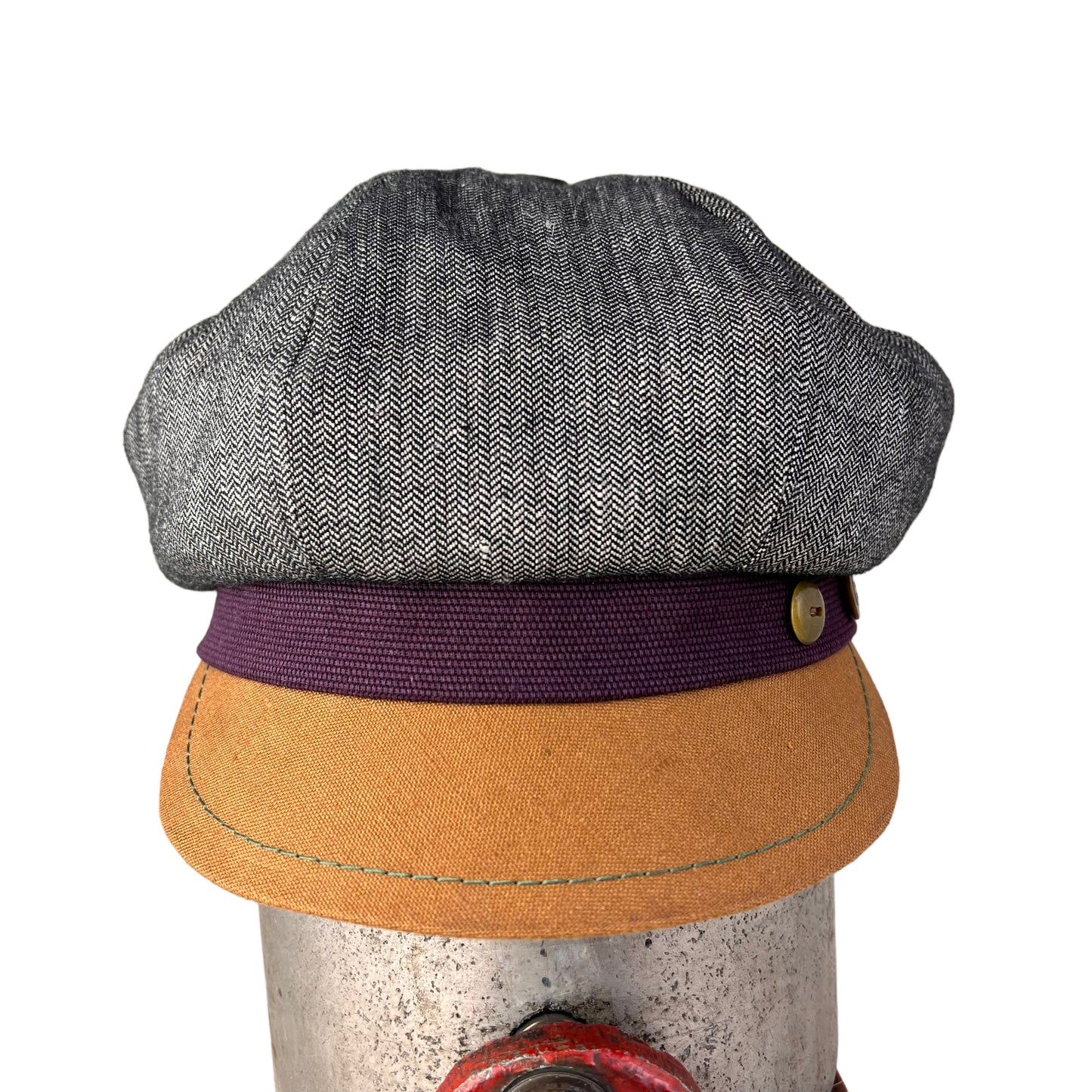 Black White Herringbone Eggplant Band Carnaby Linen Cap Size Large