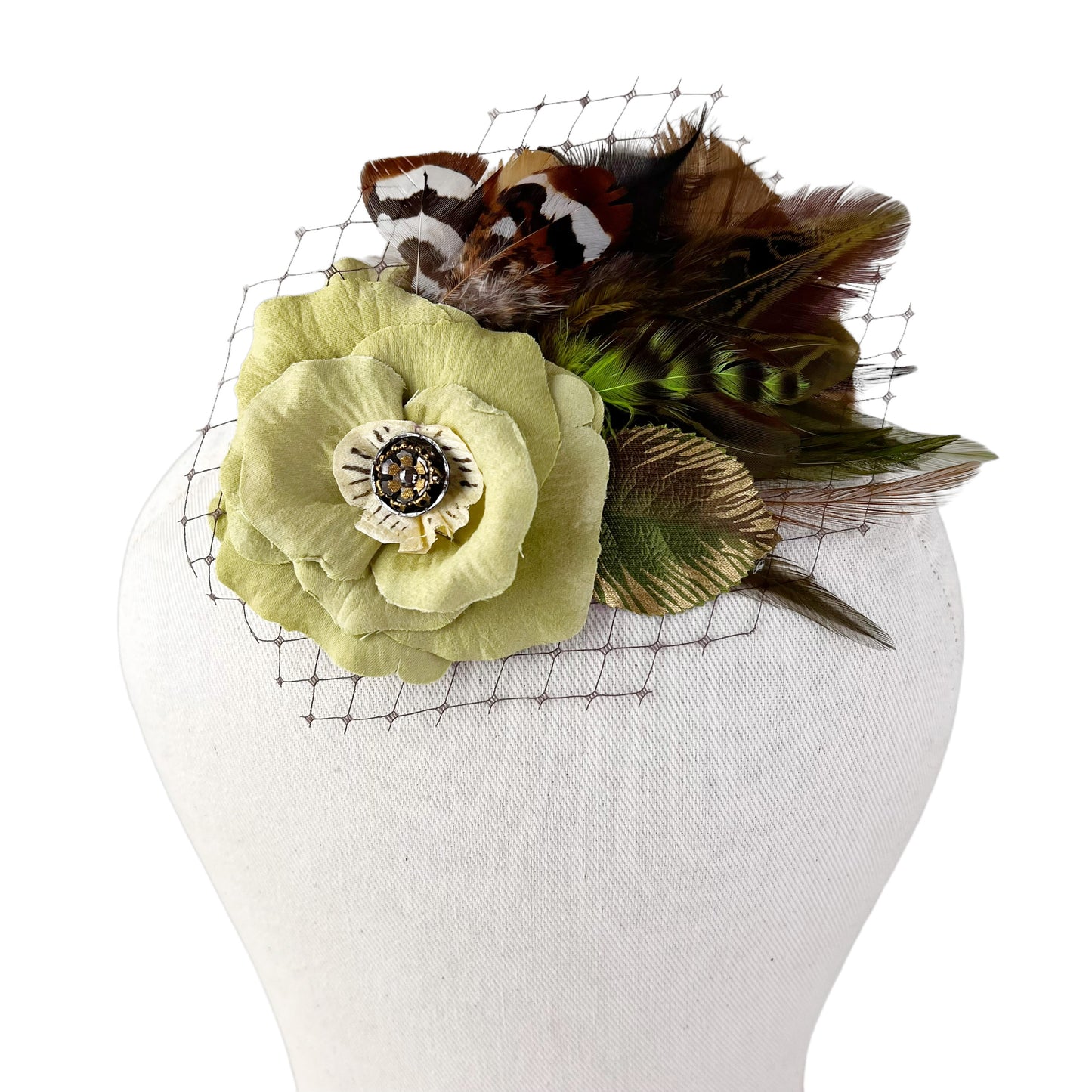 Green Chartreuse Brown Rose Fascinator Hair Clip