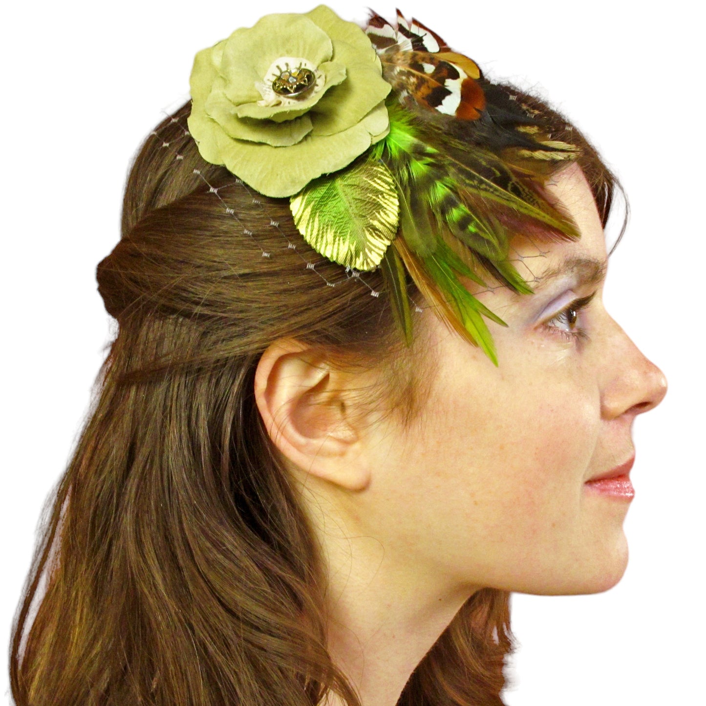 Green Chartreuse Brown Rose Fascinator Hair Clip