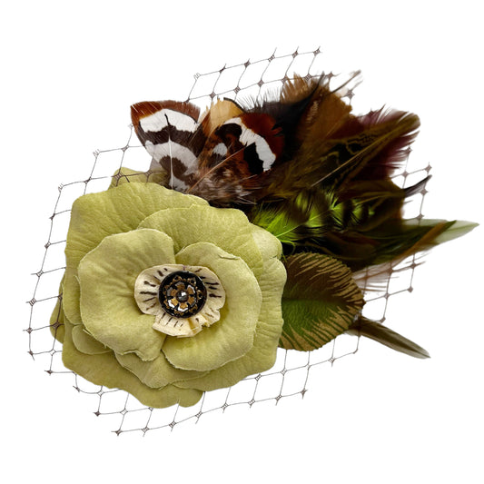 Green Chartreuse Brown Rose Fascinator Hair Clip