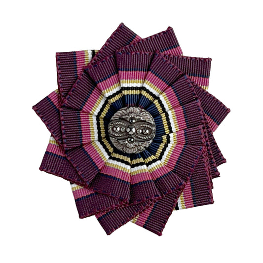 Purple Pink White 1890 Victorian Silver Luster Glass Button  Cockade Ribbon Brooch