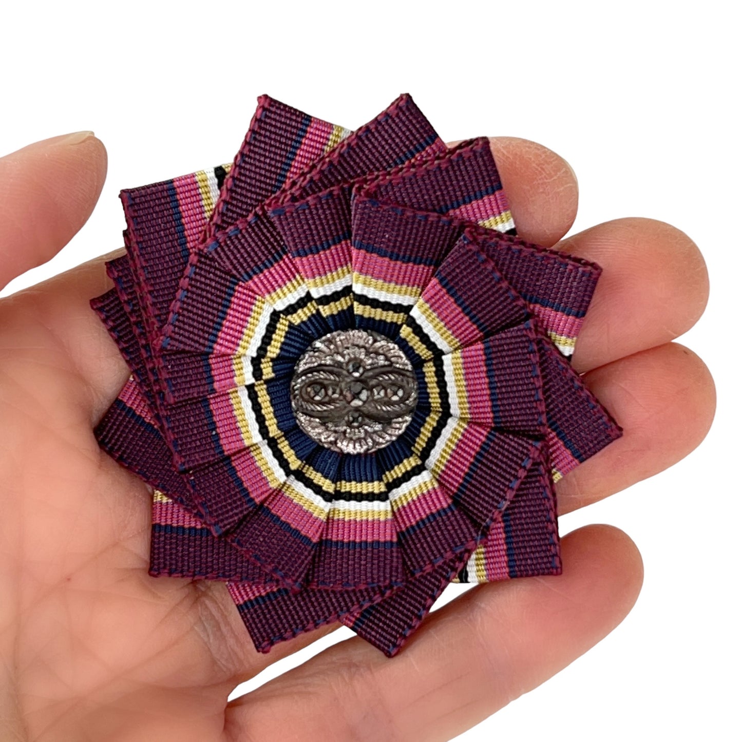 Pink Purple White Cockade Ribbon Brooch 1890 Victorian Silver Luster Button