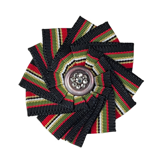 Black Red Green 1890 Victorian Shell Steel Cut Button Cockade Ribbon Brooch