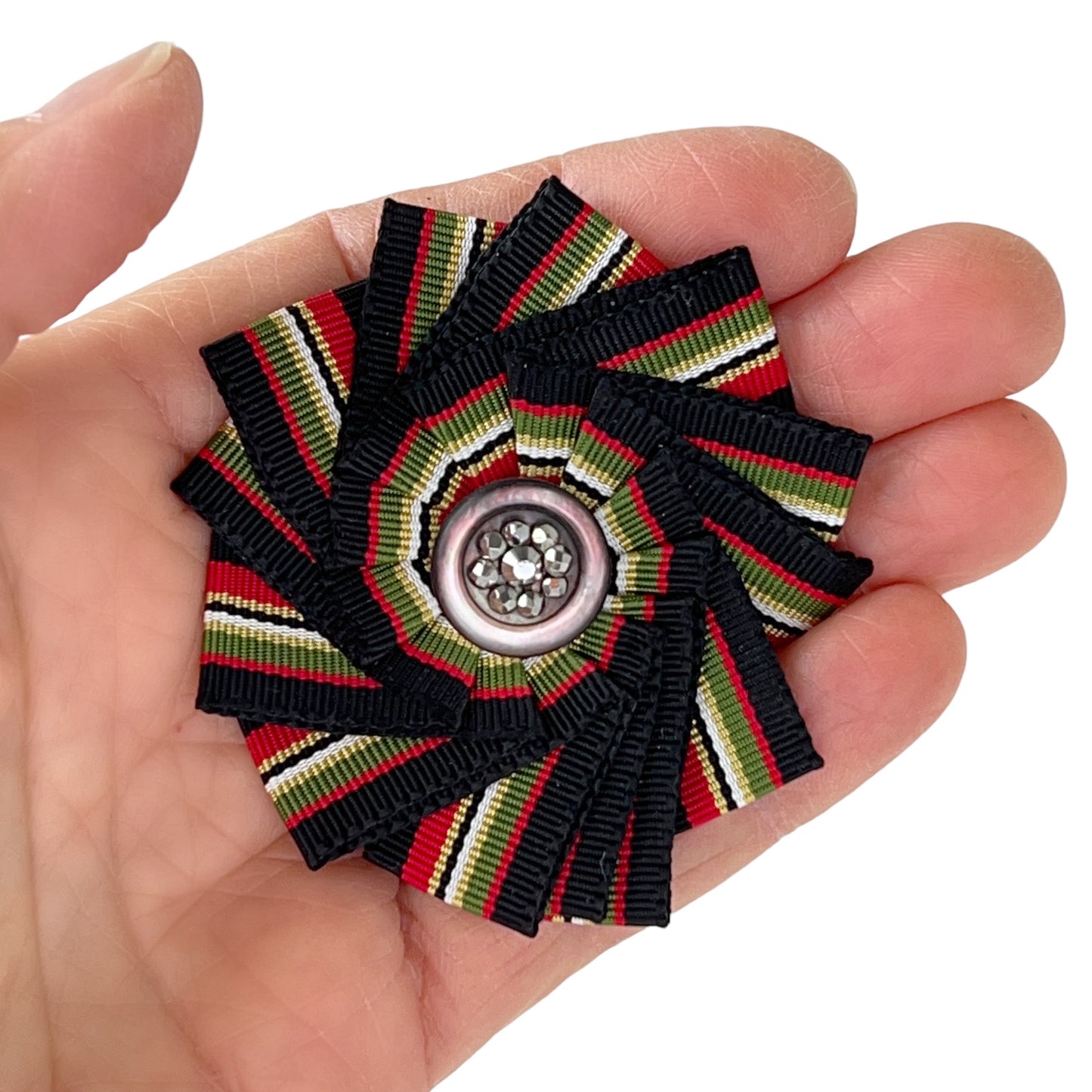 Cockade Ribbon Button Brooch Black Red Green 1890 Victorian Shell Steel Cut Button