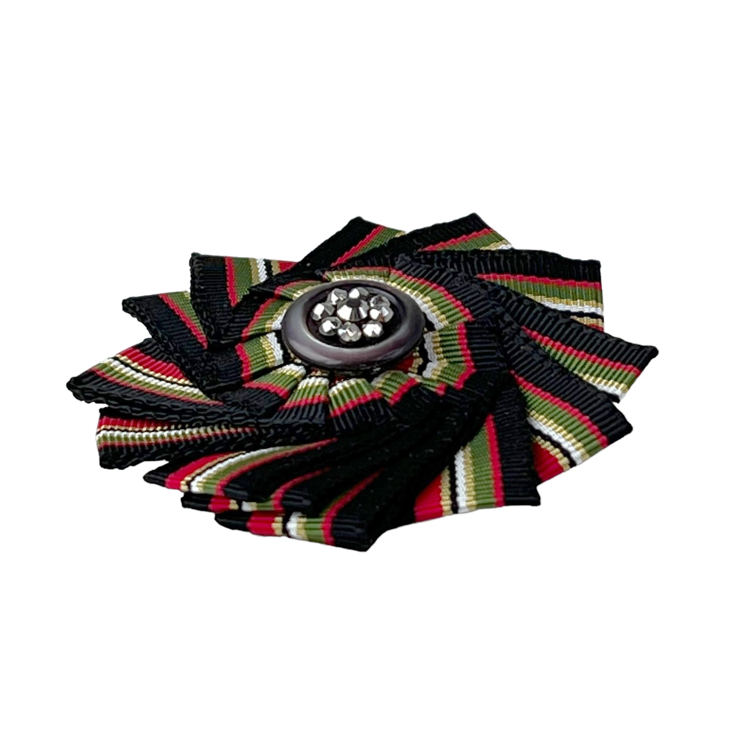 Cockade Ribbon Button Brooch Black Red Green 1890 Victorian Shell Steel Cut Button