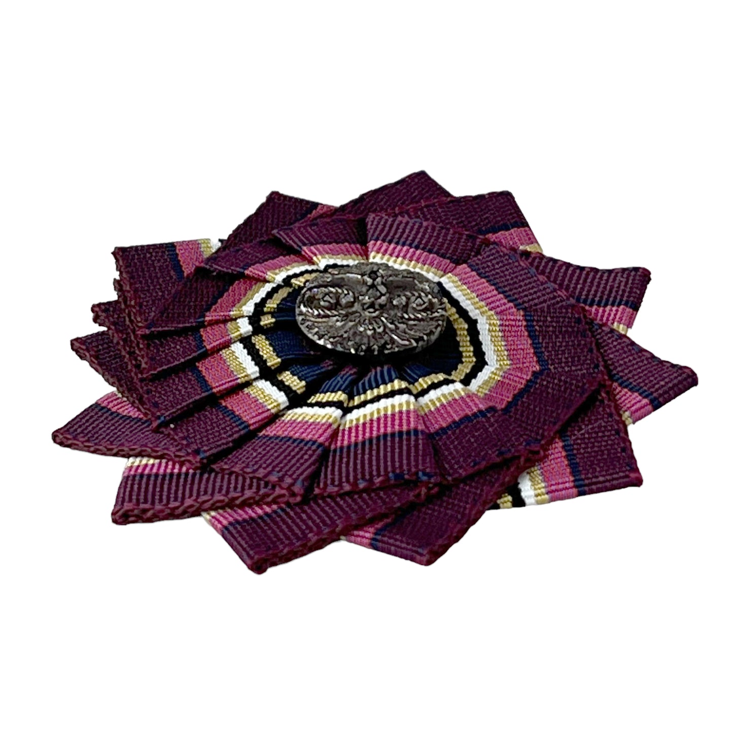 Pink Purple White Cockade Ribbon Brooch 1890 Victorian Silver Luster Button