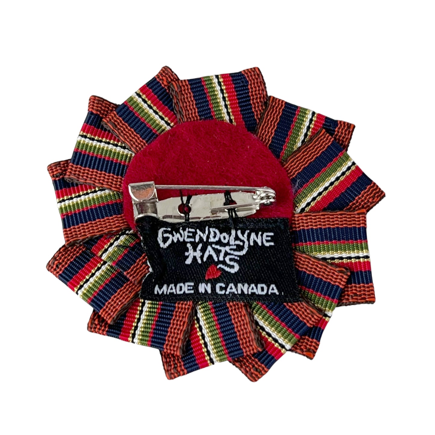 Cockade Ribbon Button Brooch Rust Navy Red 1890 Victorian Shell Steel Cut Button