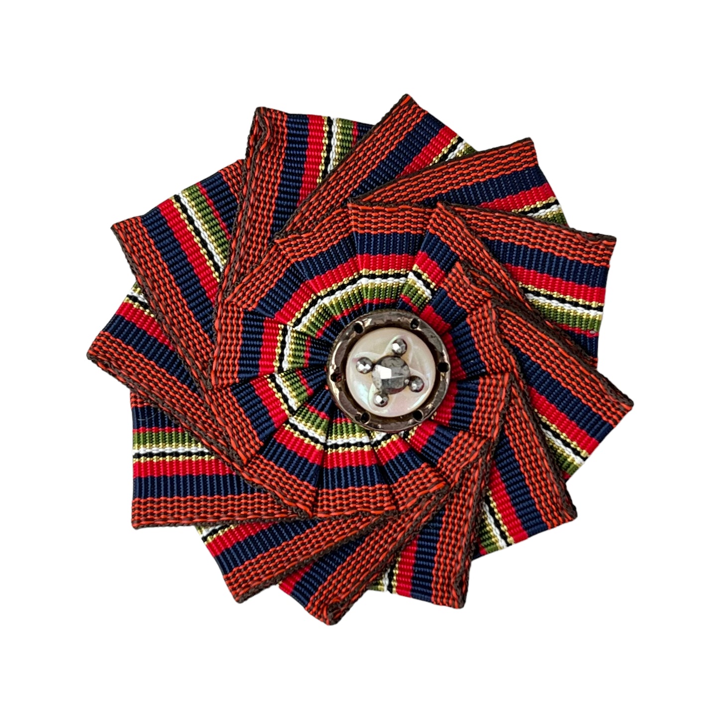 Cockade Ribbon Button Brooch Rust Navy Red 1890 Victorian Shell Steel Cut Button