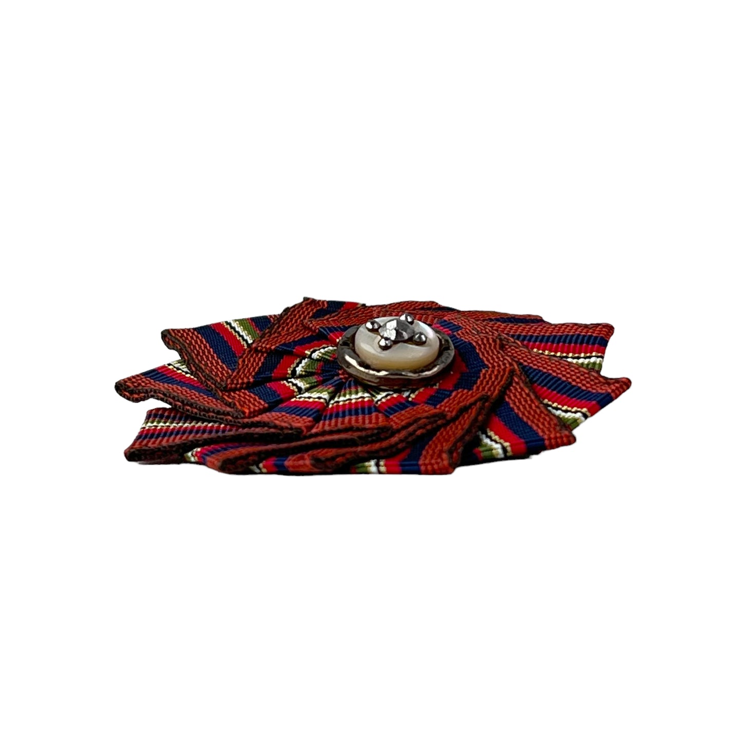 Cockade Ribbon Button Brooch Rust Navy Red 1890 Victorian Shell Steel Cut Button