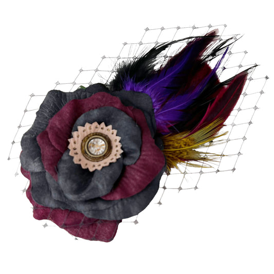 Black Crimson Red Rose Fascinator Hair Clip
