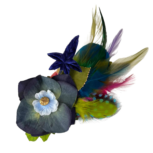 Small Flower Feather Hair Clip Blue Lime Green