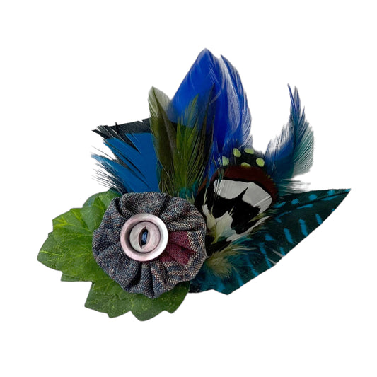 Feather Button Brooch Clip Royal Blue