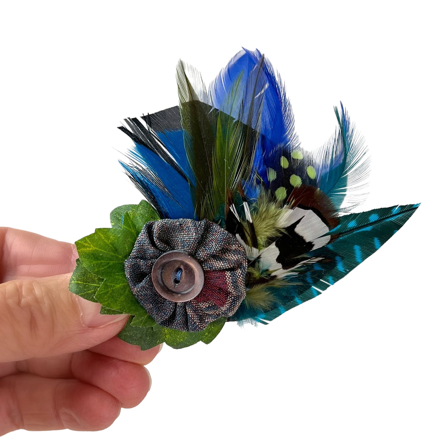 Feather Button Brooch Clip Royal Blue