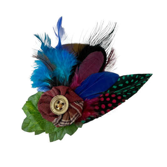 Feather Button Brooch Clip Red Blue
