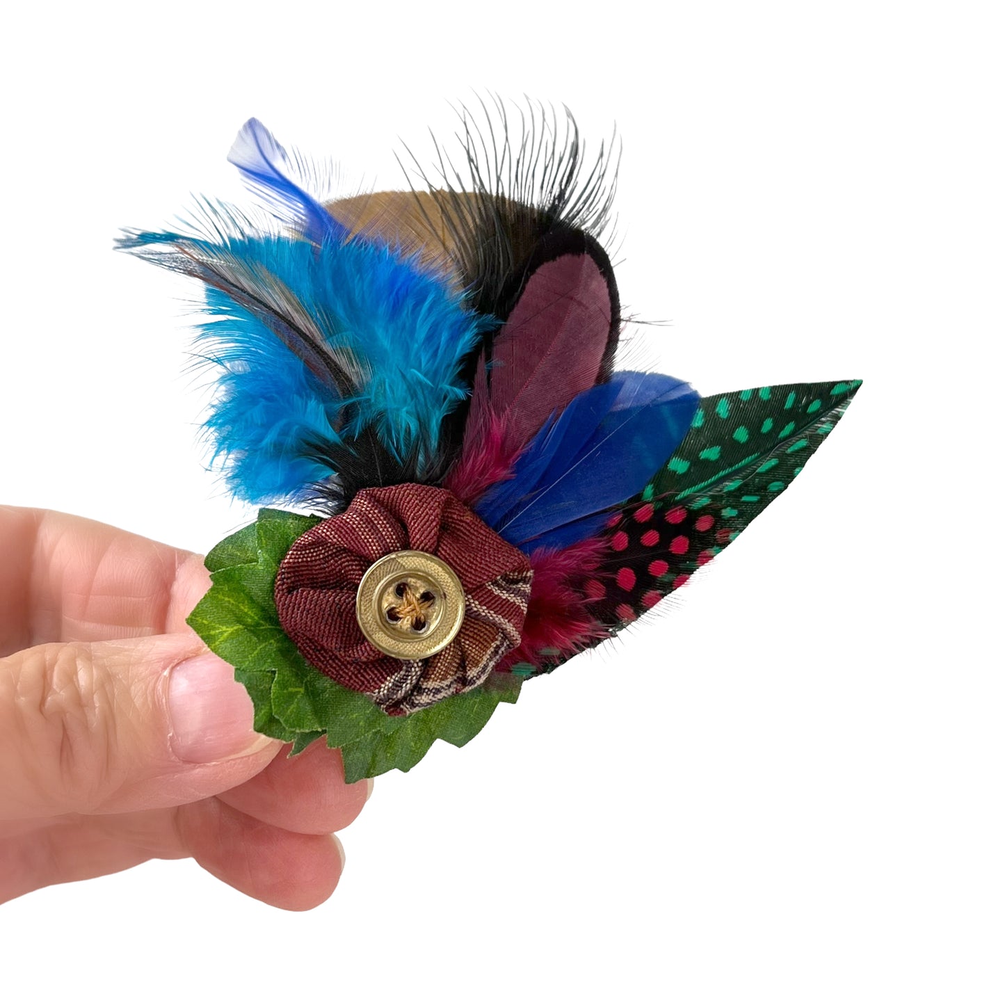 Feather Button Brooch Clip Red Blue
