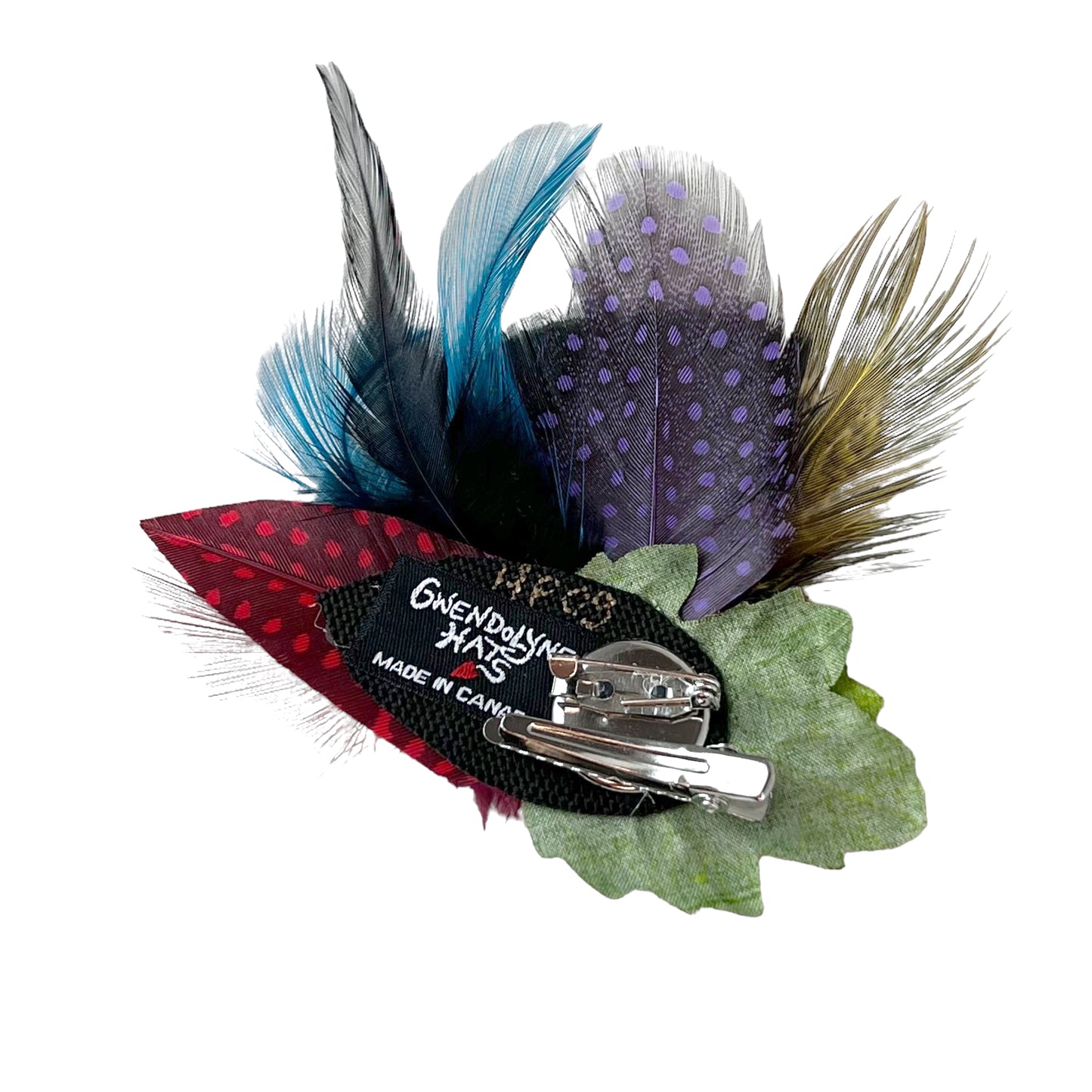 Feather Button Brooch Clip Earthy Red Blue