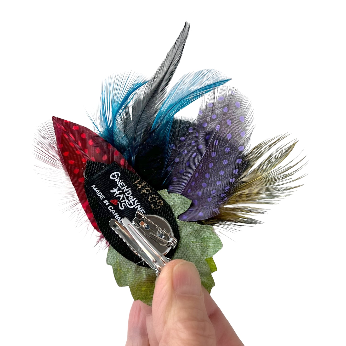 Feather Button Brooch Clip Earthy Red Blue