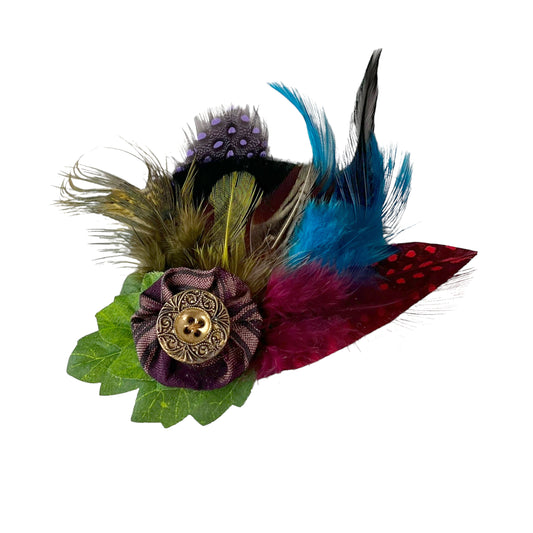 Feather Button Brooch Clip Earthy Red Blue