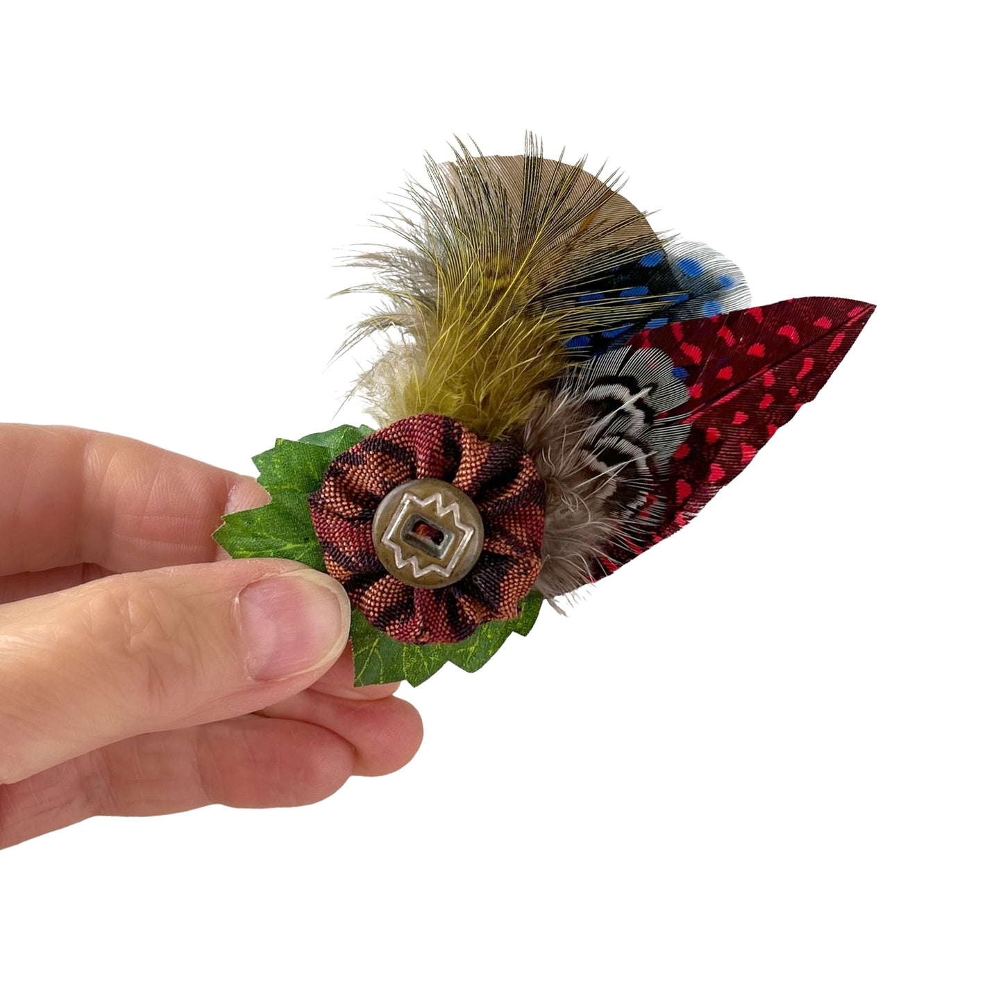 Feather Button Brooch Clip Rust Gold