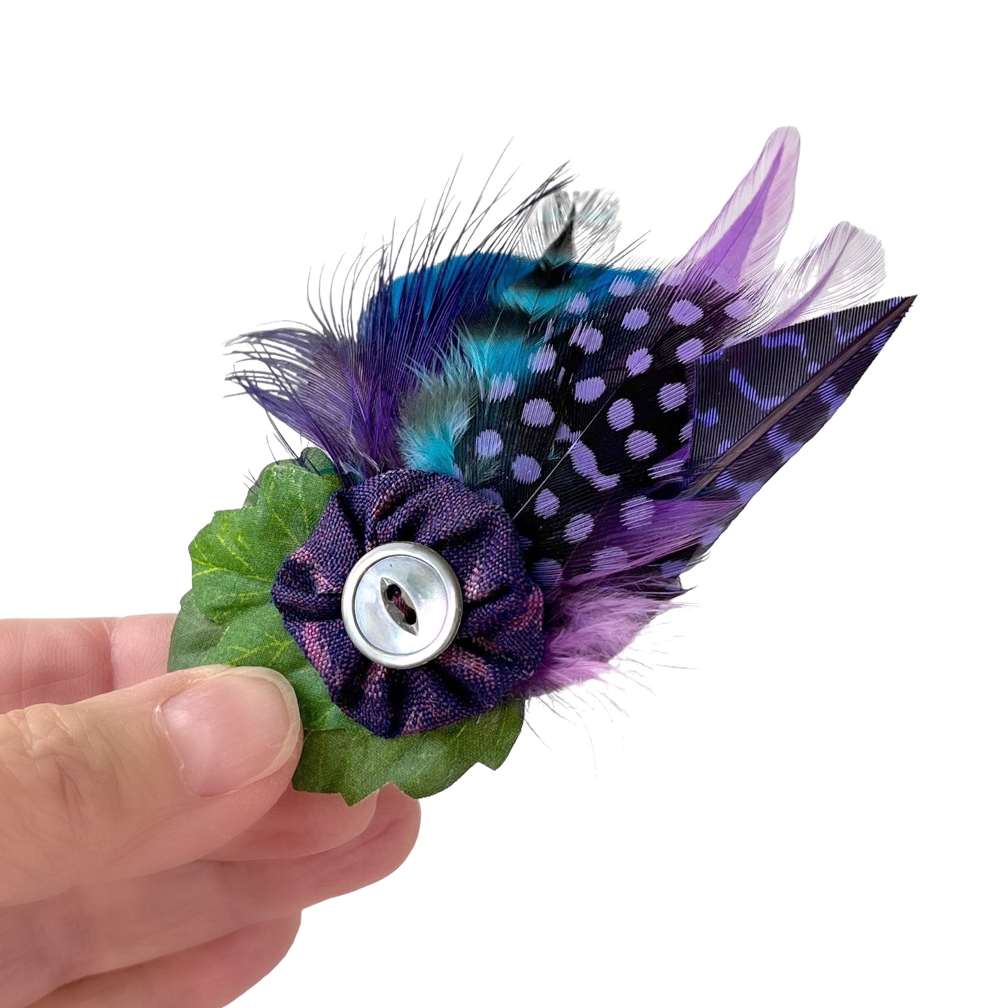 Feather Button Brooch Clip Purple
