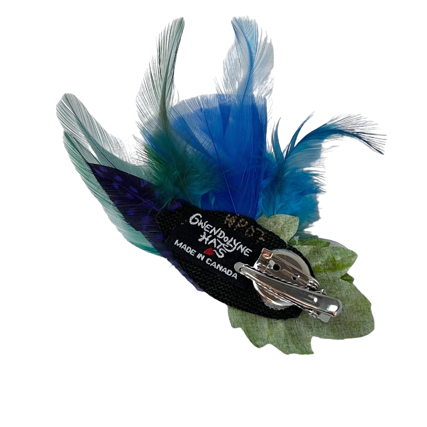 Feather Button Brooch Clip Lime Green Polkadots Blue